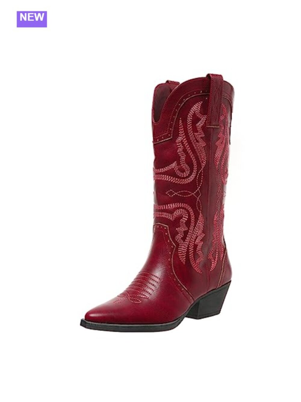 SelRoys Cowboy Boots Women Western Mid Calf Chunky Heel Snip Toe PU Leather